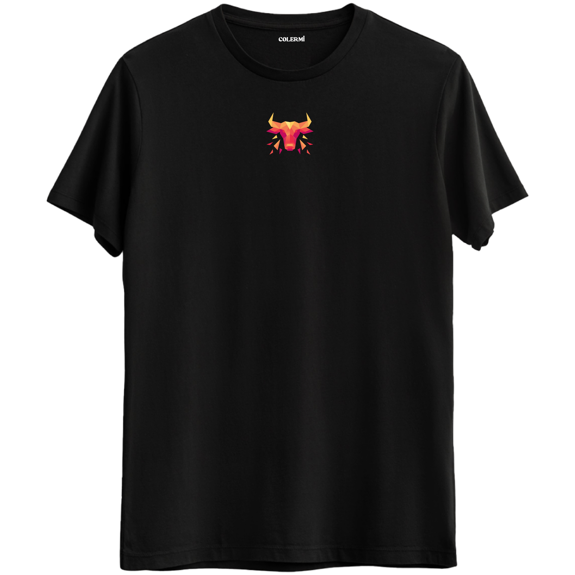 Güçlü ve kararlı bir boğa figürünü yansıtan geometrik tasarımlı Bisiklet Yaka T-Shirt.