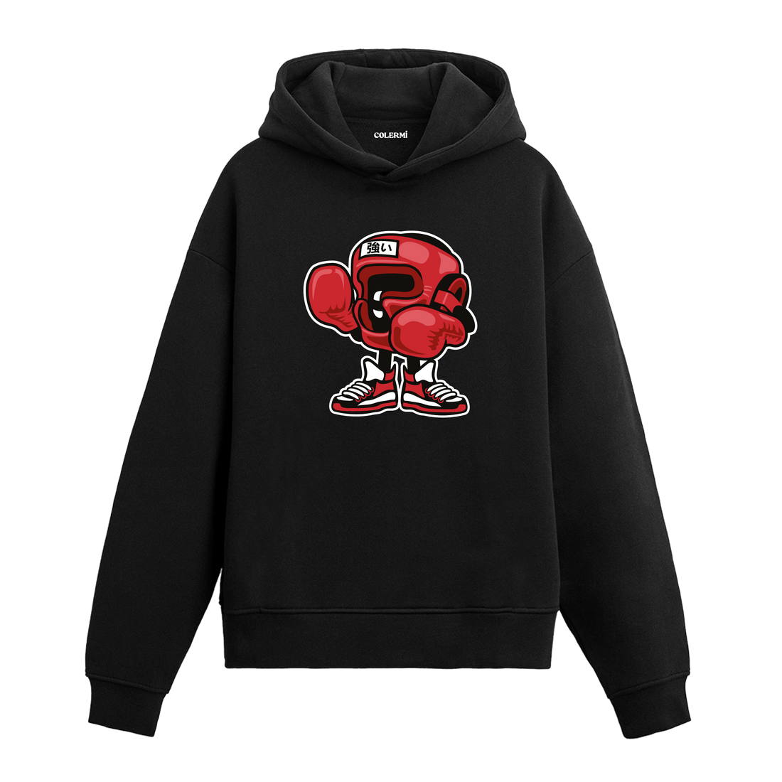 Boks eldiveni karakter tasarım baskılı hoodie – enerjik ve güçlü görünüm