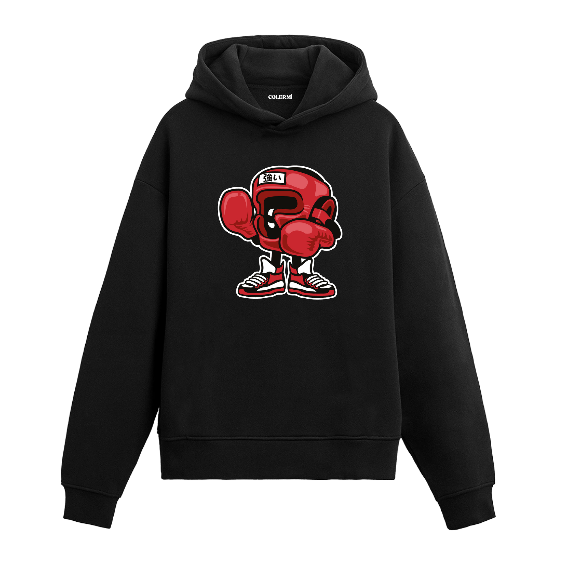 Boks eldiveni karakter tasarım baskılı hoodie – enerjik ve güçlü görünüm