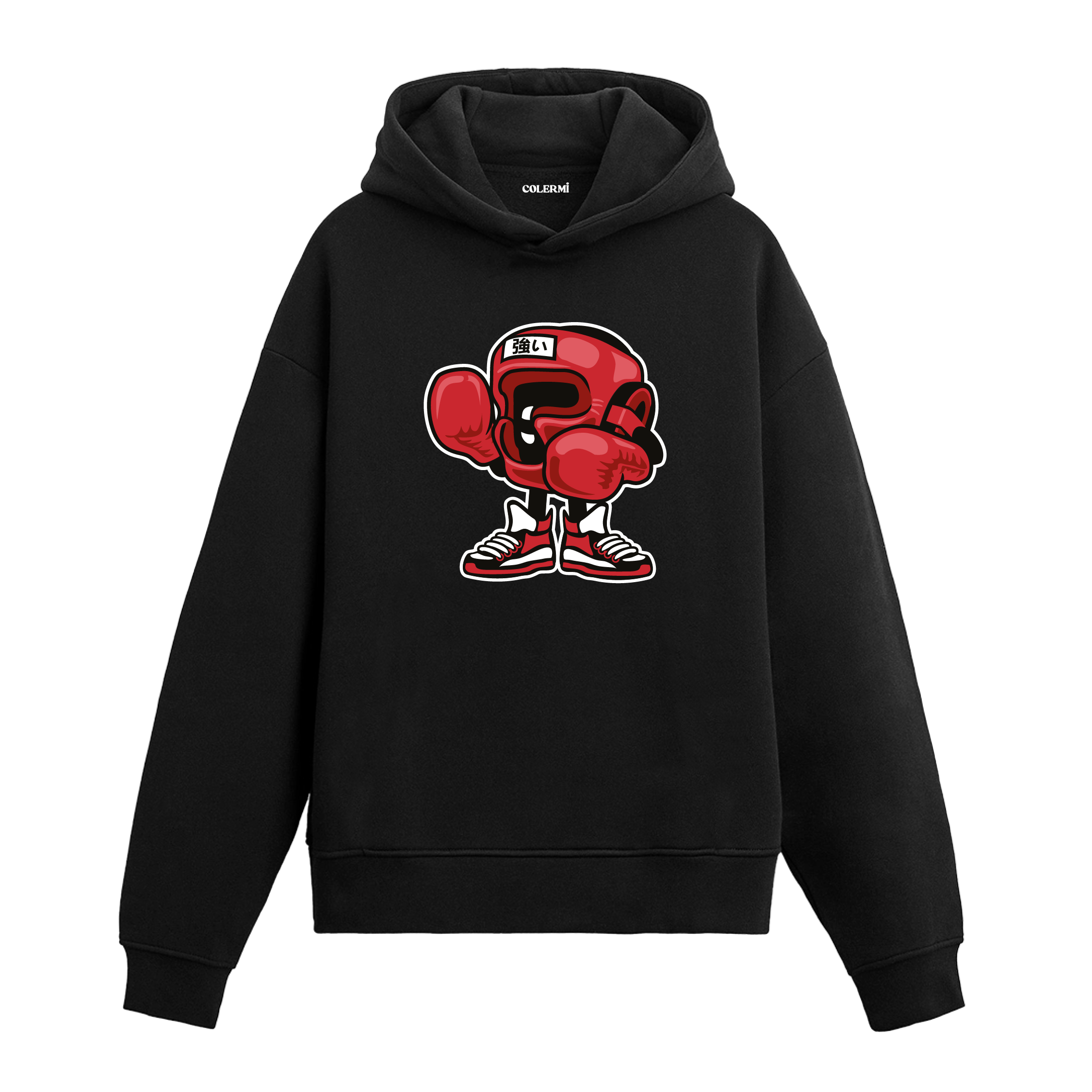 Boks eldiveni karakter tasarım baskılı hoodie – enerjik ve güçlü görünüm