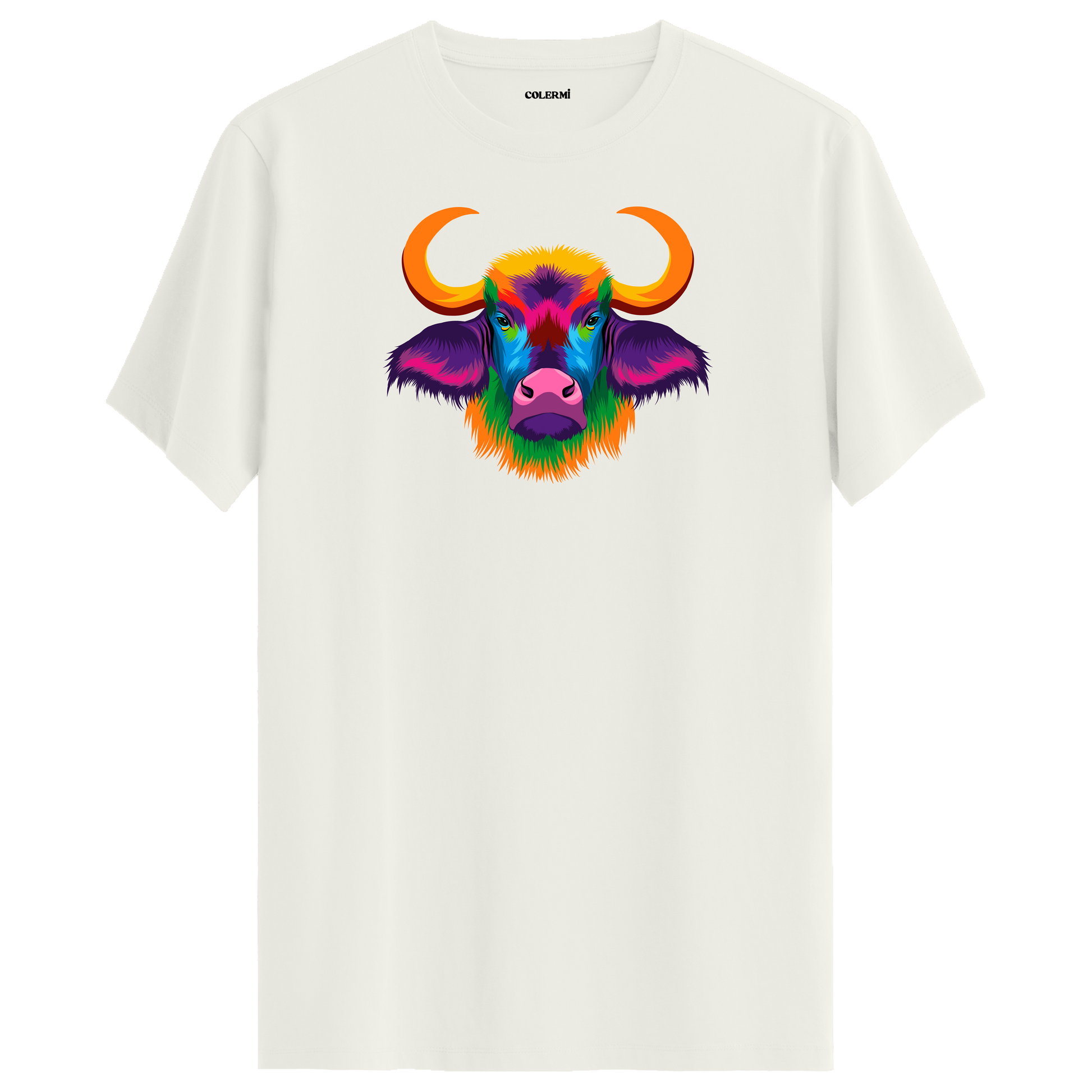 Ekru tişört üzerinde renkli Bongo manda tasarımı