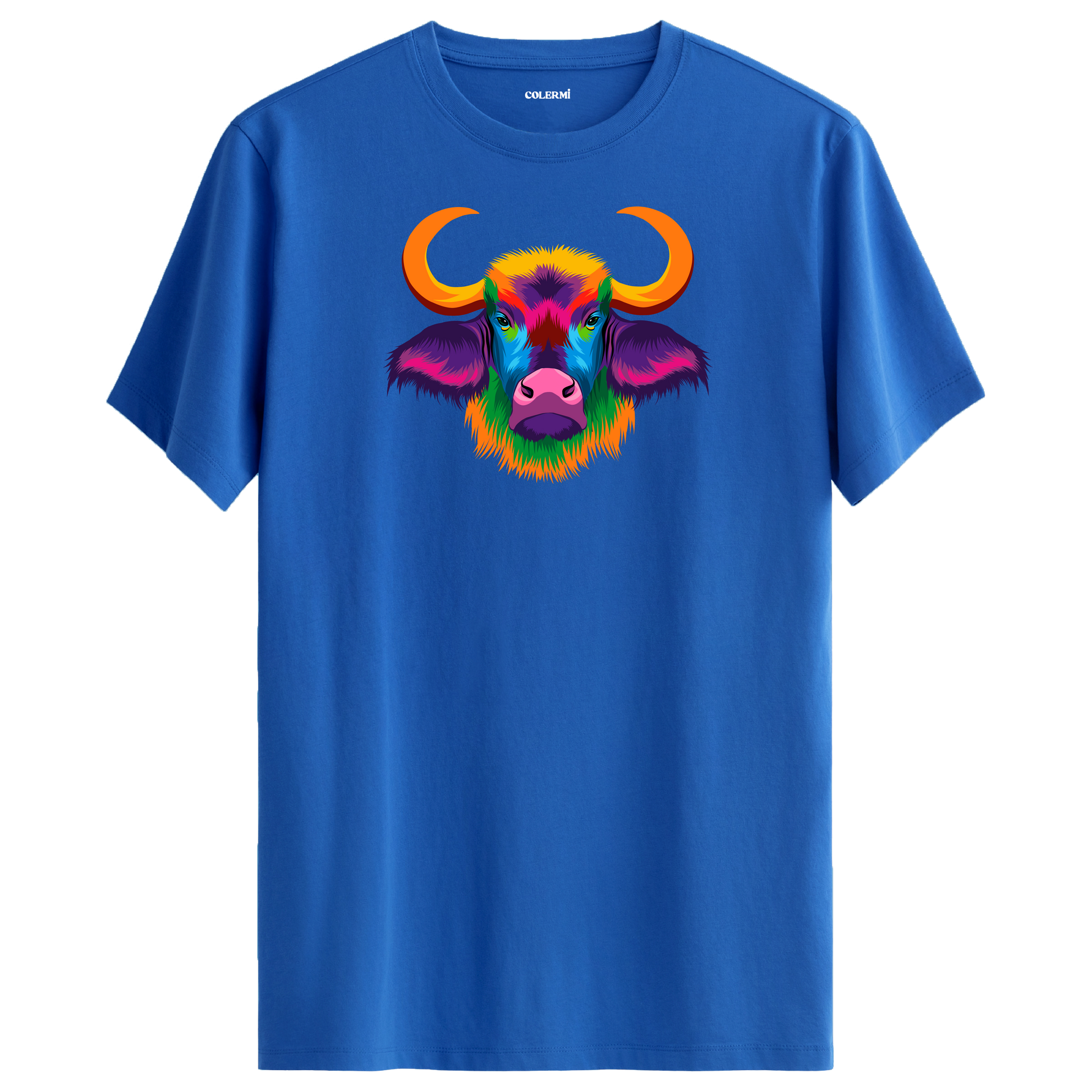 Mavi tişört üzerinde renkli Bongo manda tasarımı