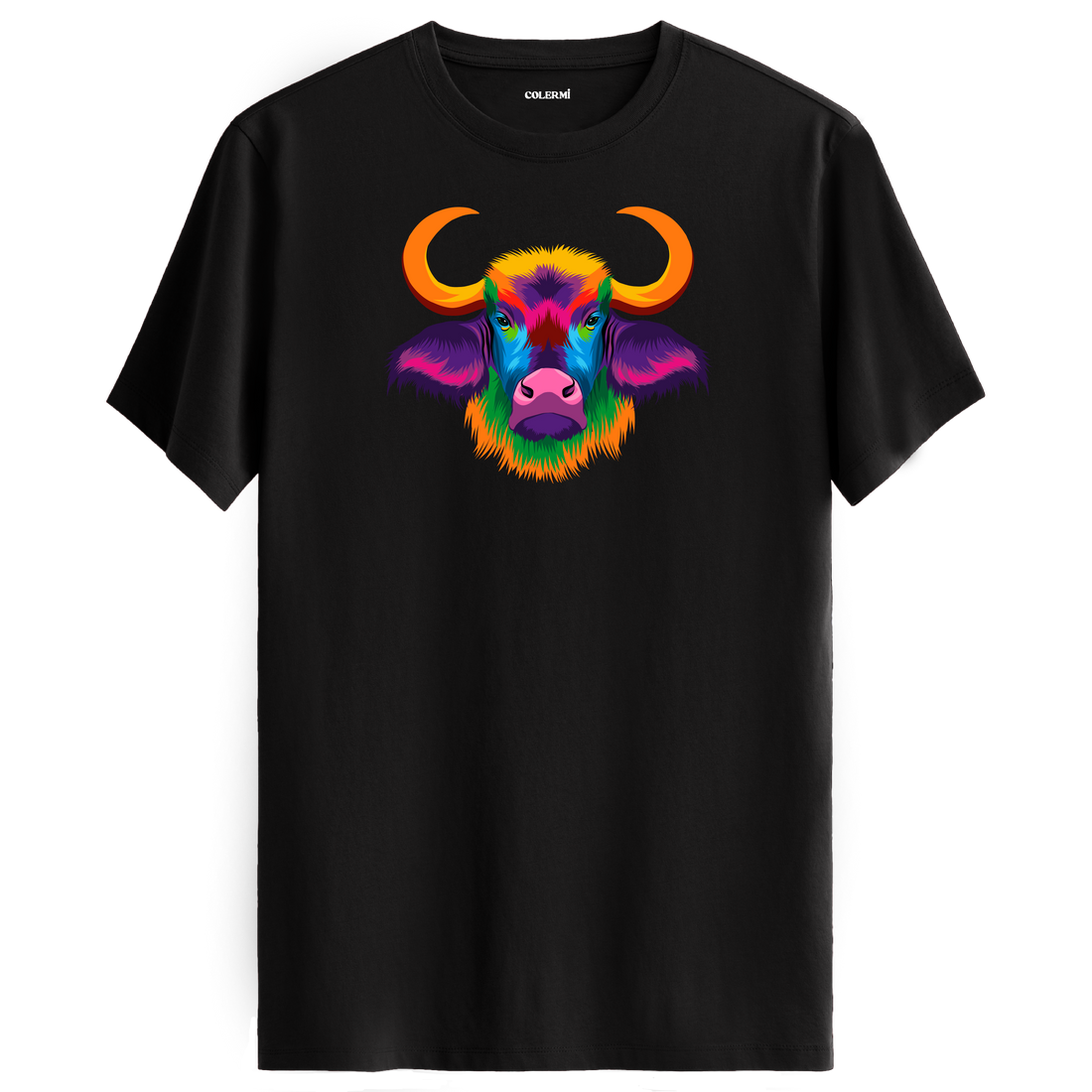 Siyah tişört üzerinde renkli Bongo manda tasarımı