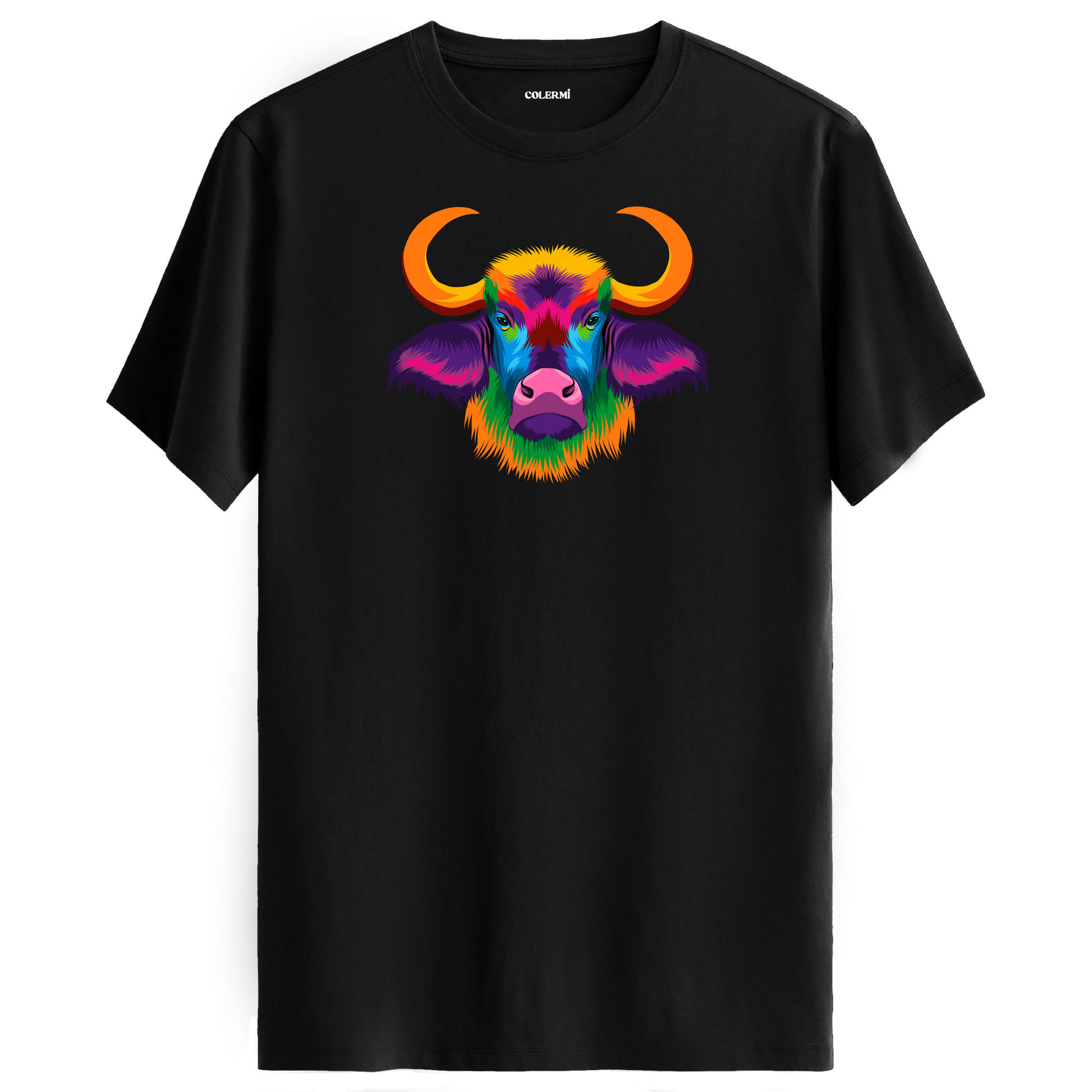 Siyah tişört üzerinde renkli Bongo manda tasarımı