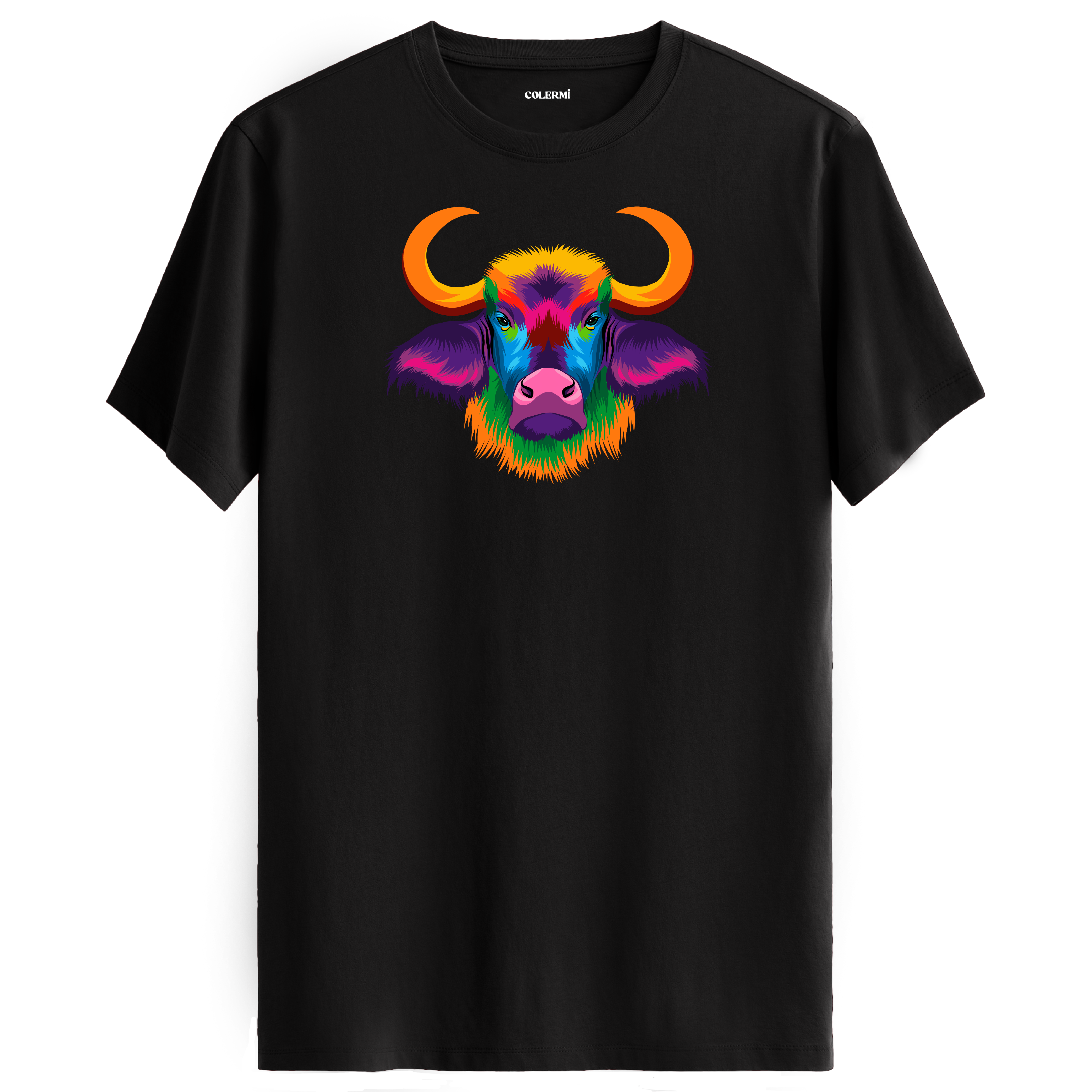 Siyah tişört üzerinde renkli Bongo manda tasarımı