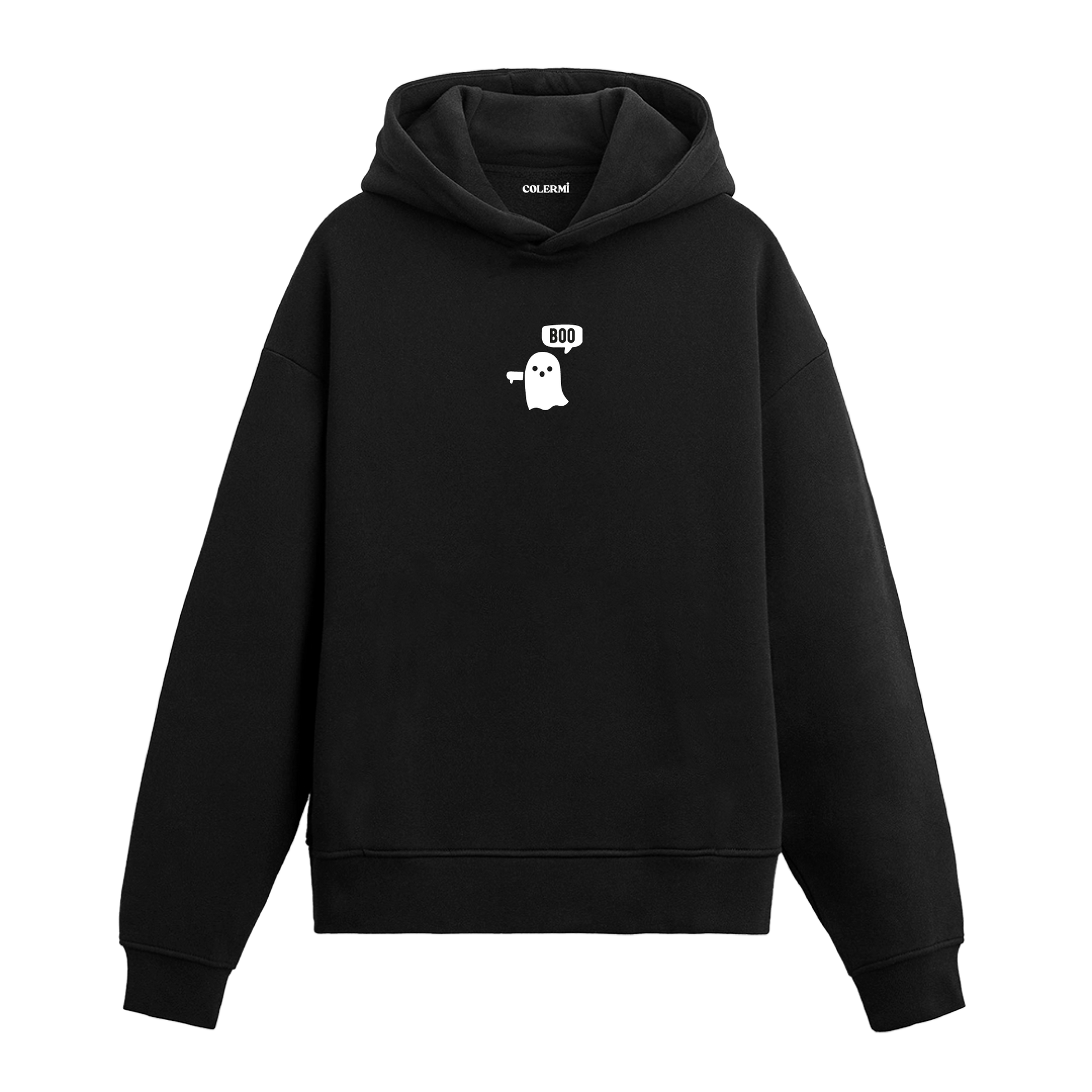 Siyah hoodie üzerinde Boo yazılı sevimli hayalet baskısı