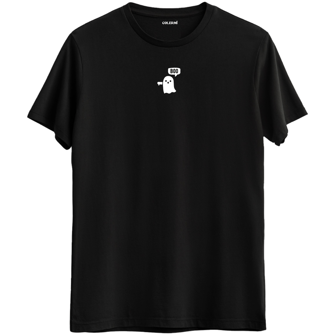 Küçük konuşma balonuyla "Boo!" diyen sevimli hayalet tasarımlı Bisiklet Yaka T-Shirt.
