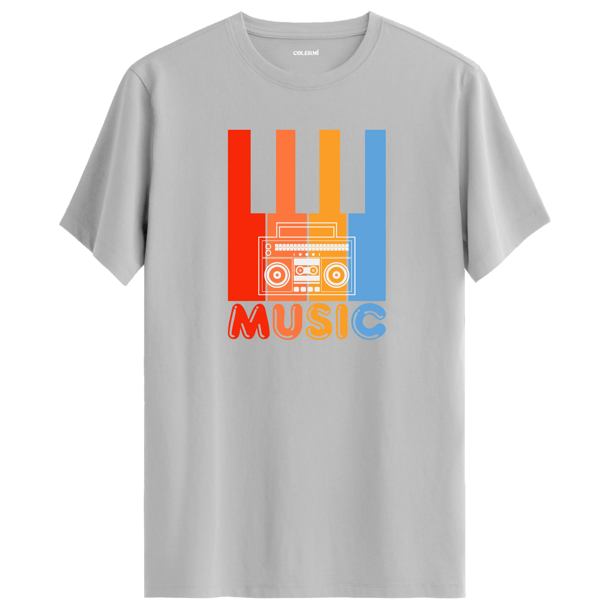 Renkli piyano tuşları ve boombox çizimli retro müzik temalı tişört tasarımı