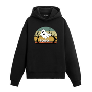 Booo yazılı siyah hoodie – hayalet baskılı eğlenceli retro tasarım
