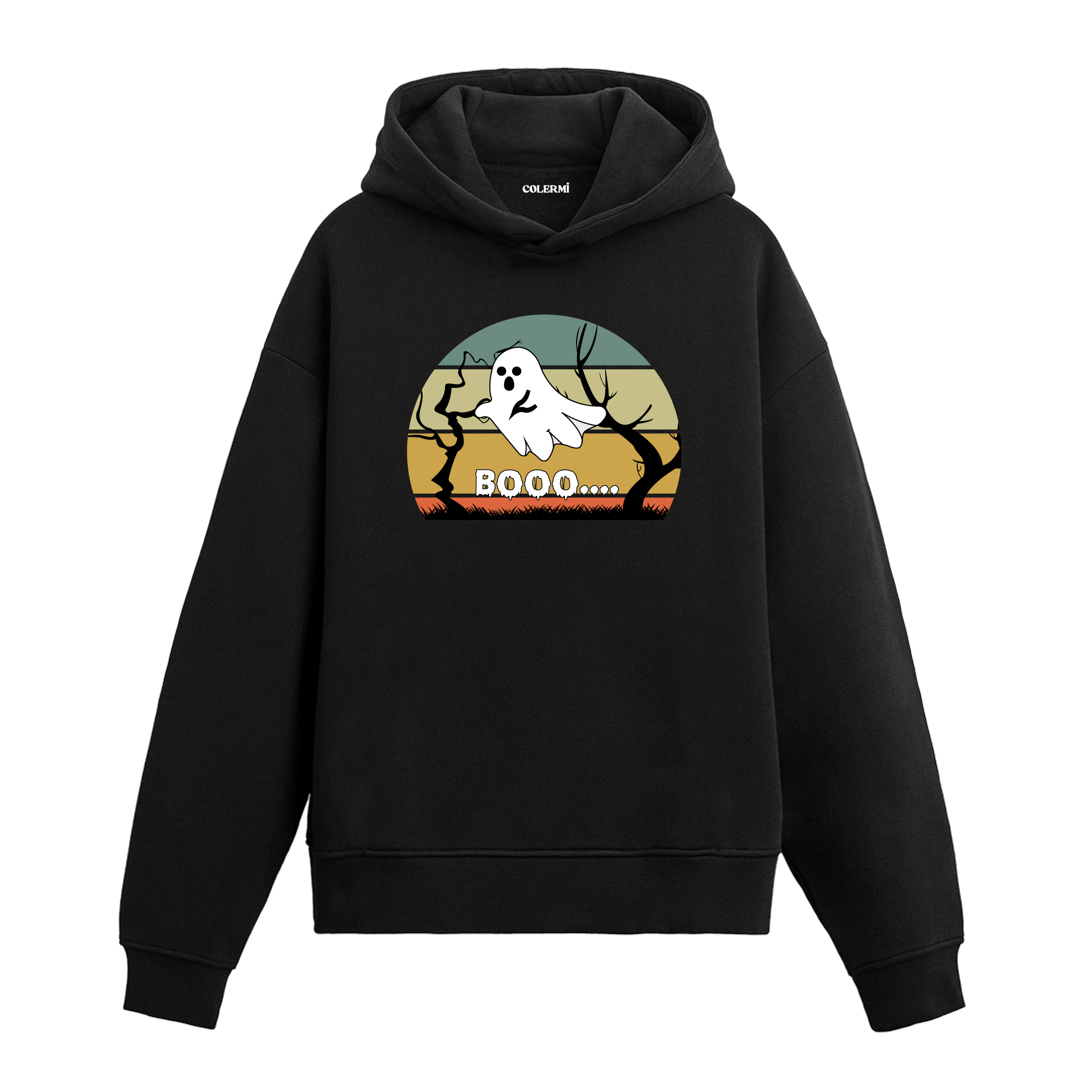 Booo yazılı siyah hoodie – hayalet baskılı eğlenceli retro tasarım
