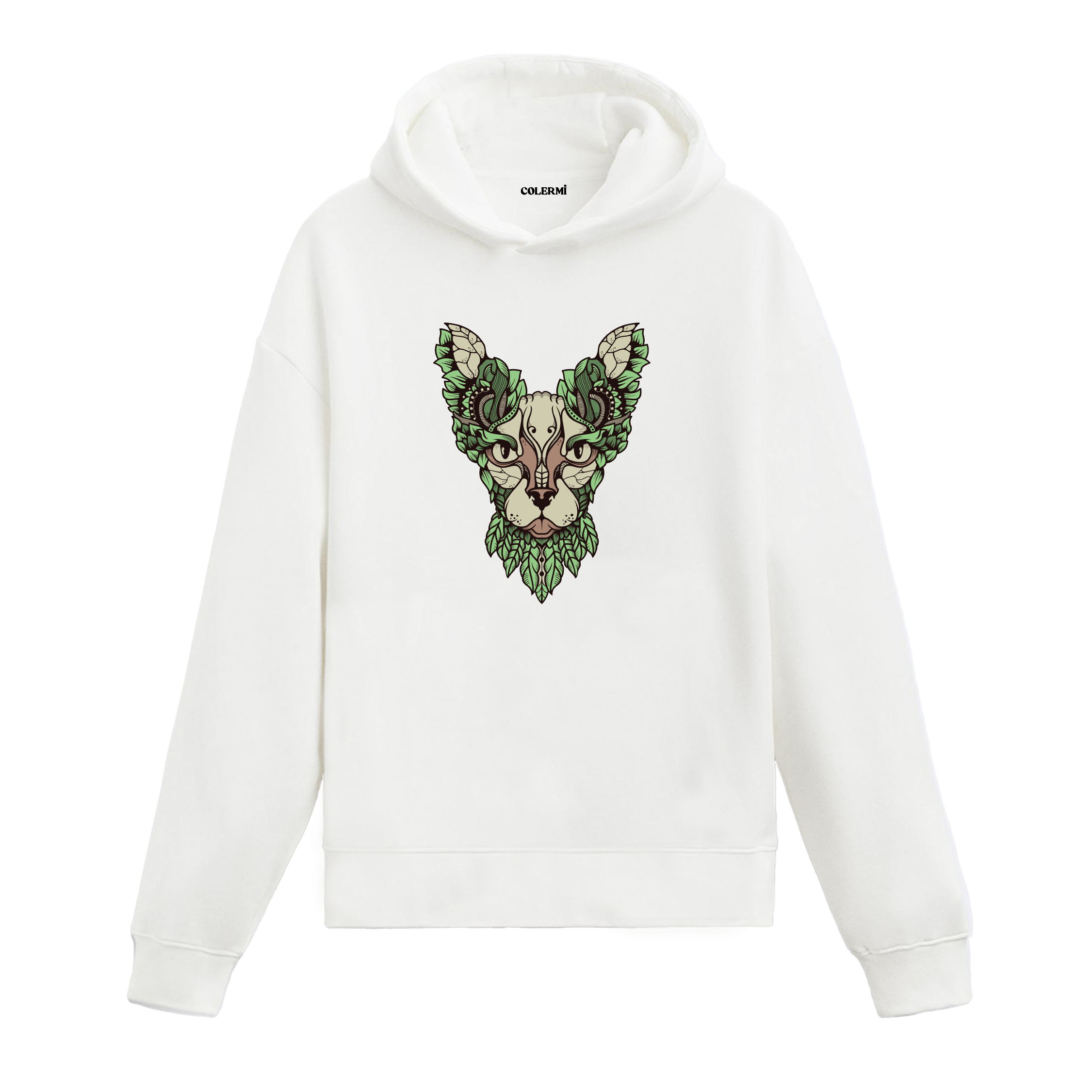Yaprak motifli kedi yüzü baskılı beyaz Colermi hoodie