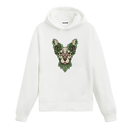 Yaprak motifli kedi yüzü baskılı beyaz Colermi hoodie