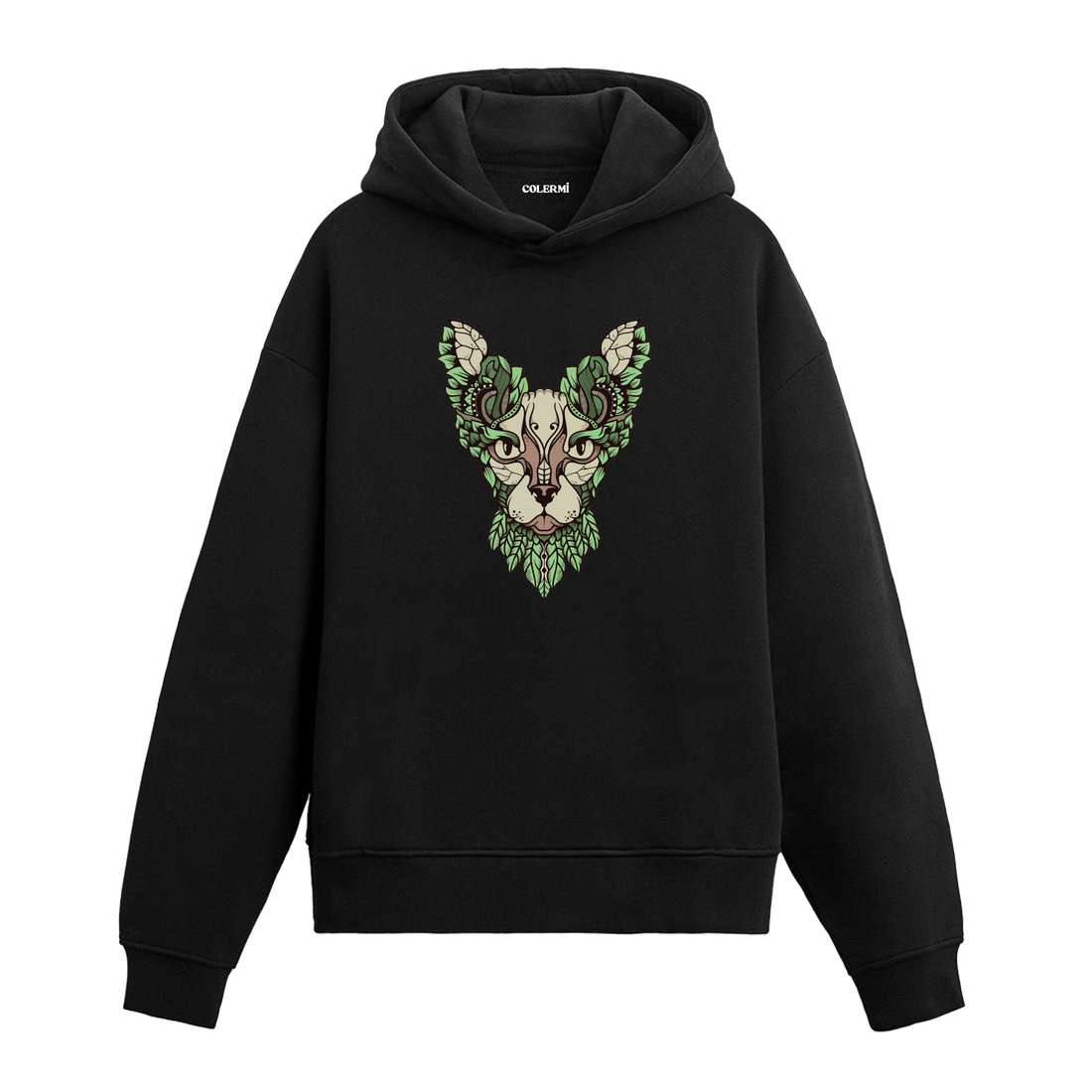 Yaprak motifli kedi yüzü baskılı siyah Colermi hoodie