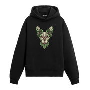Yaprak motifli kedi yüzü baskılı siyah Colermi hoodie