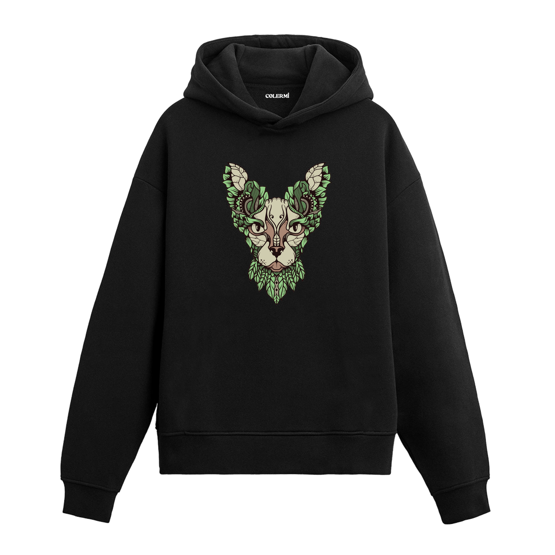 Yaprak motifli kedi yüzü baskılı siyah Colermi hoodie