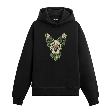 Yaprak motifli kedi yüzü baskılı siyah Colermi hoodie