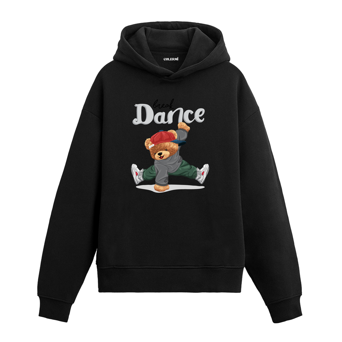 Break dance hareketi yapan kırmızı şapkalı ayıcık figürlü hoodie tasarımı.