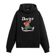 Break dance hareketi yapan kırmızı şapkalı ayıcık figürlü hoodie tasarımı.