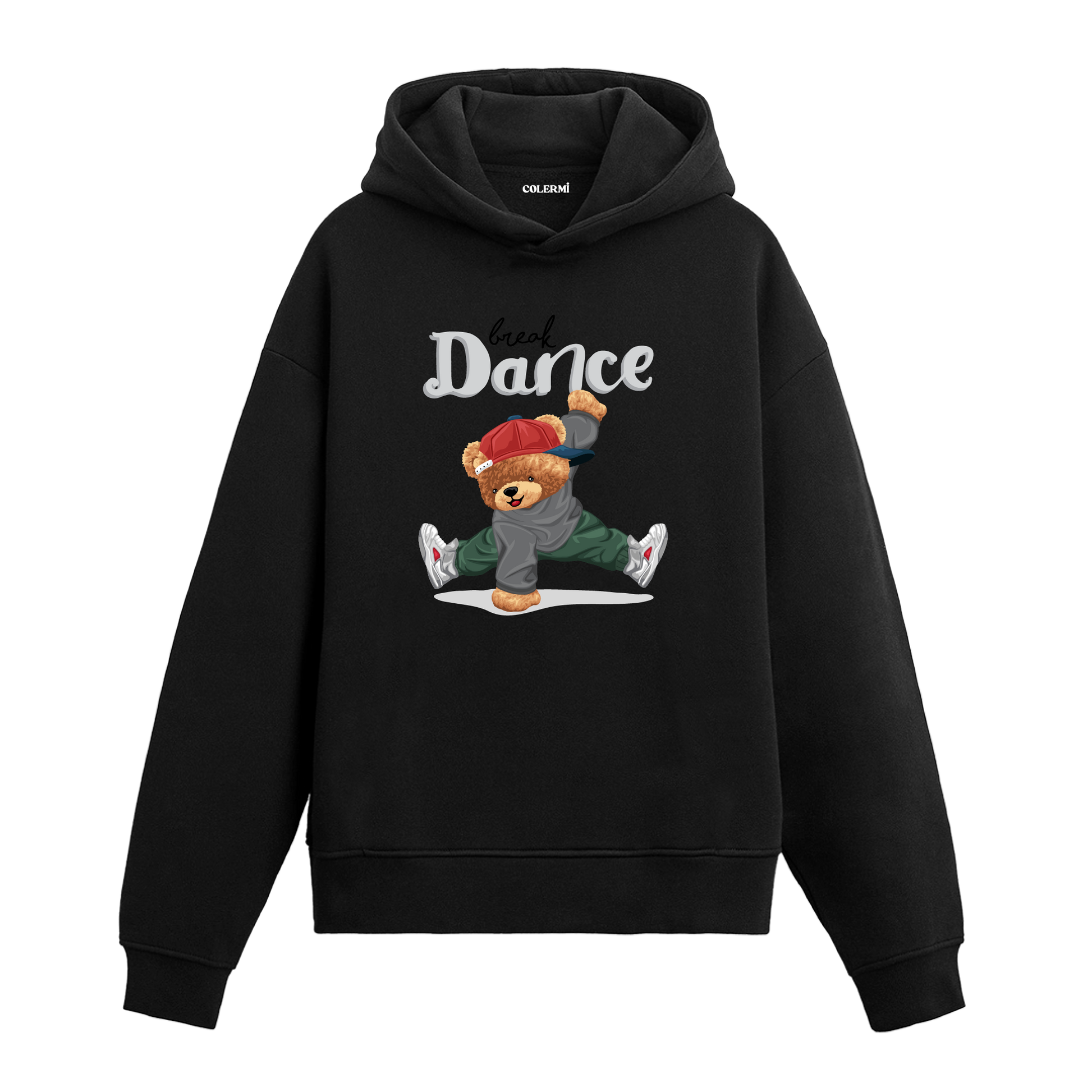 Break dance hareketi yapan kırmızı şapkalı ayıcık figürlü hoodie tasarımı.