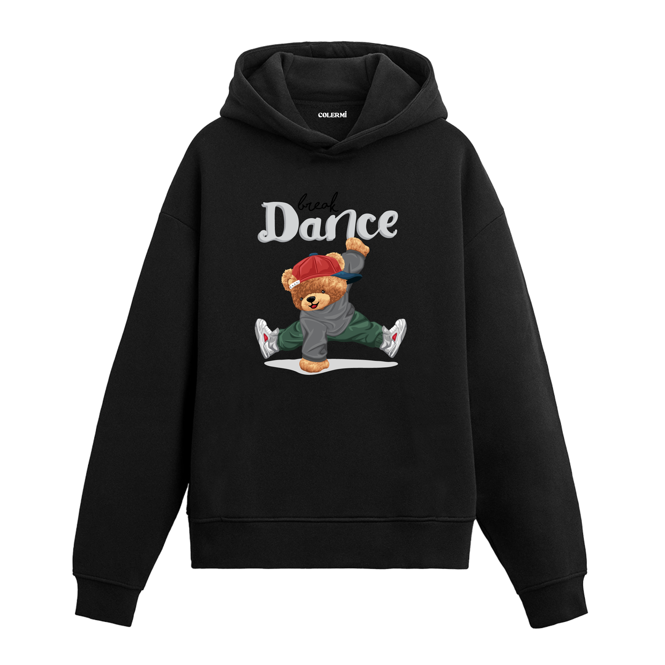 Break dance hareketi yapan kırmızı şapkalı ayıcık figürlü hoodie tasarımı.