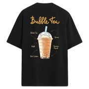 Bubble tea içeceği illüstrasyonlu siyah sırt baskılı oversize tişört