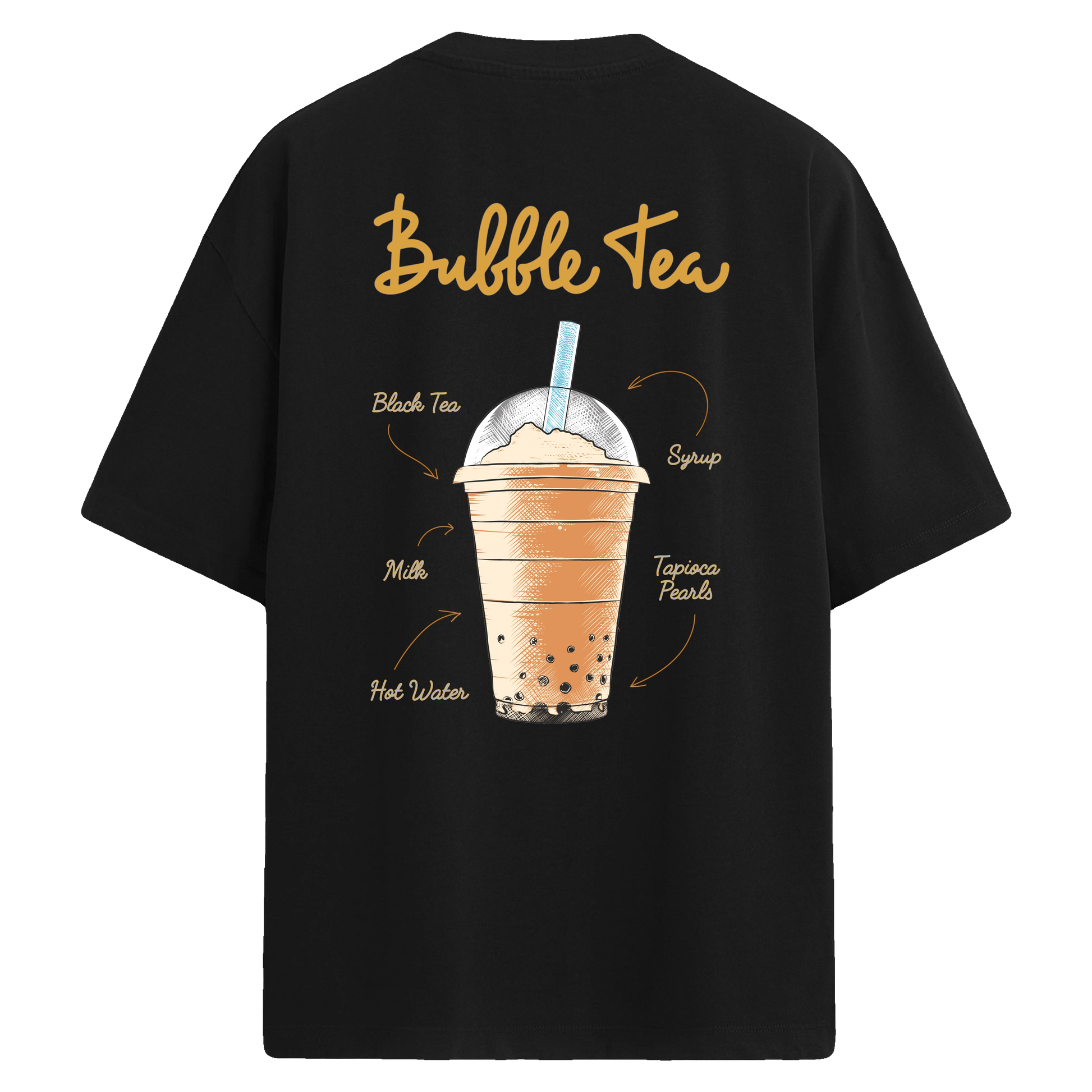 Bubble tea içeceği illüstrasyonlu siyah sırt baskılı oversize tişört