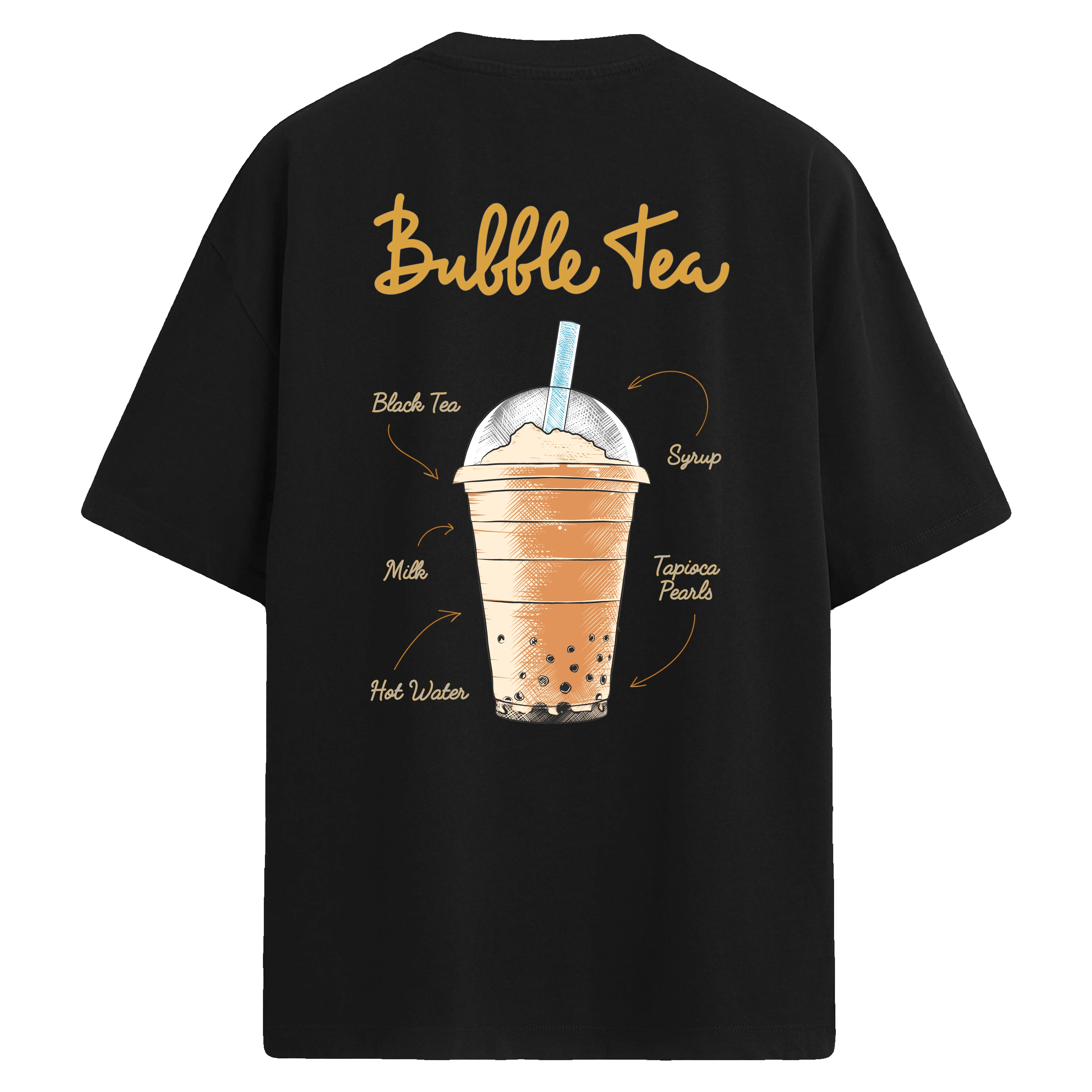 Bubble tea içeceği illüstrasyonlu siyah sırt baskılı oversize tişört