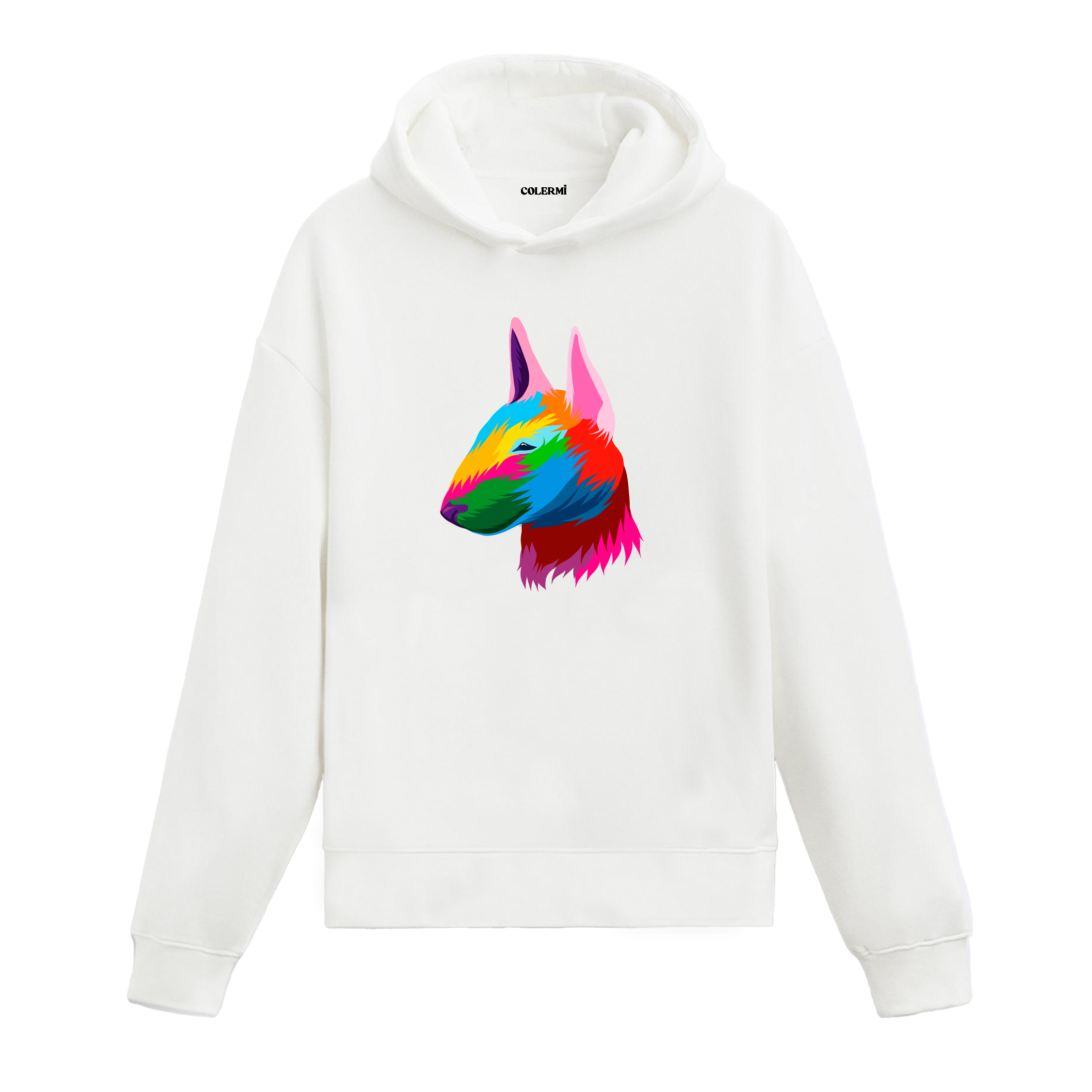 Renkli Bull Terrier köpek baskılı beyaz hoodie