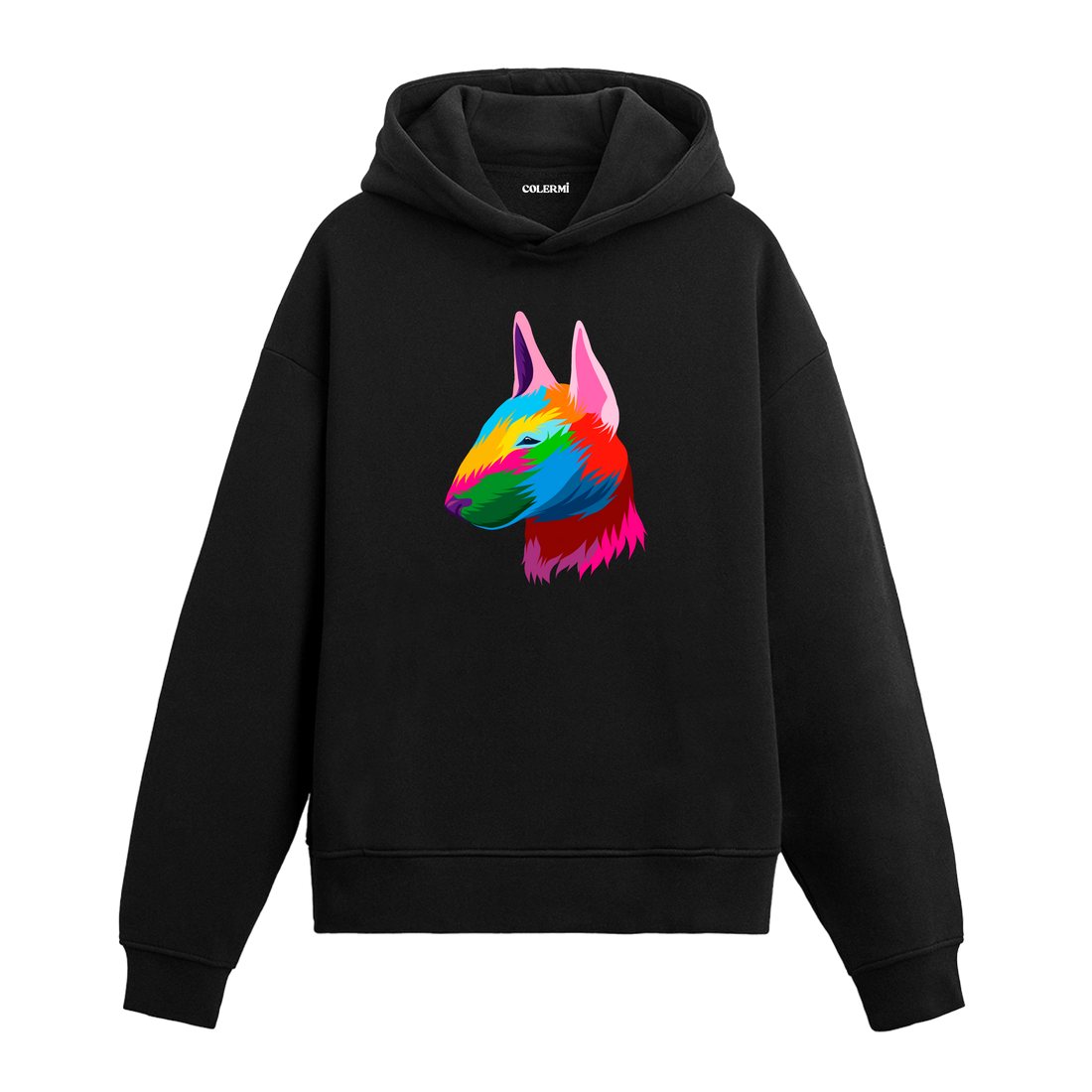 Renkli Bull Terrier köpek baskılı siyah hoodie