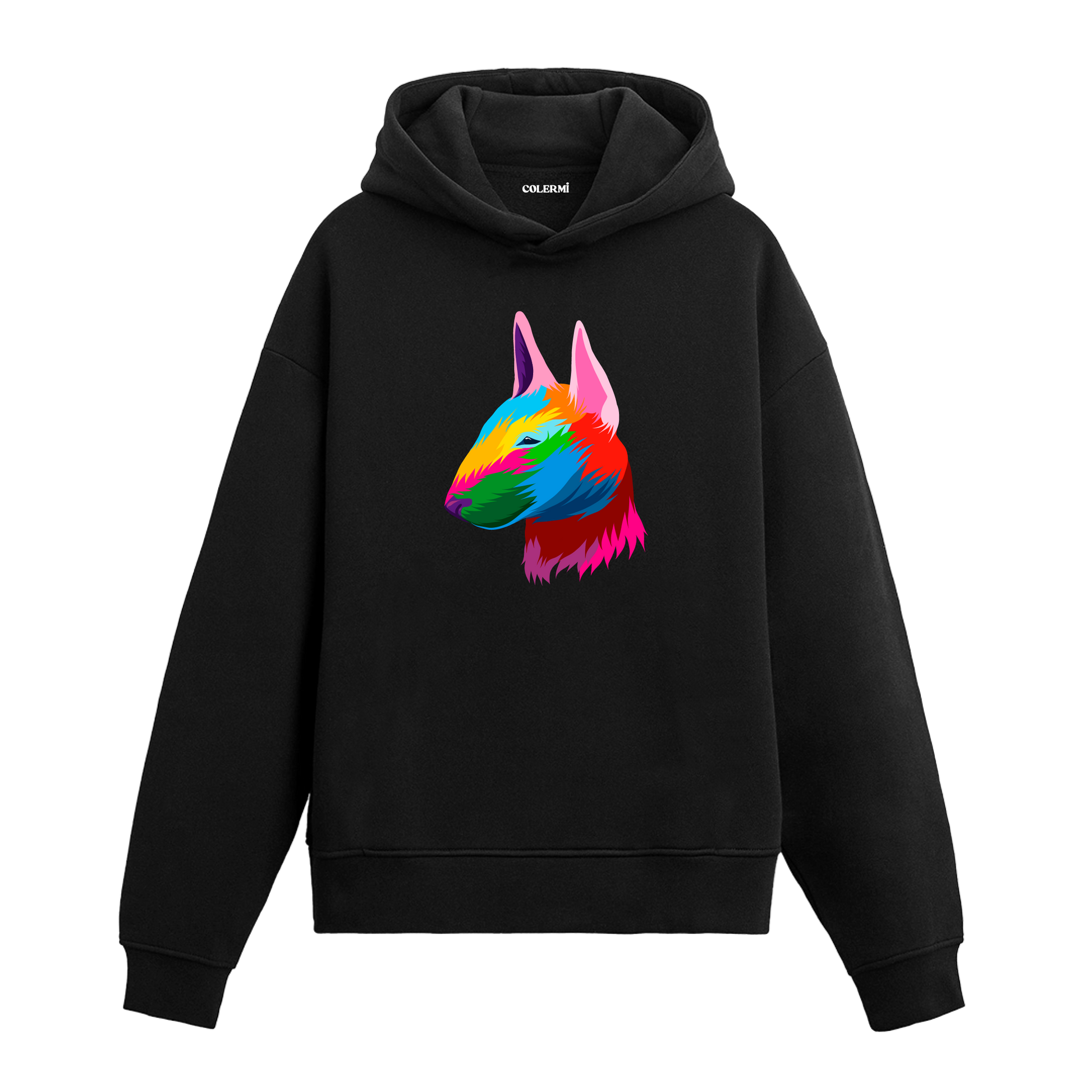 Renkli Bull Terrier köpek baskılı siyah hoodie