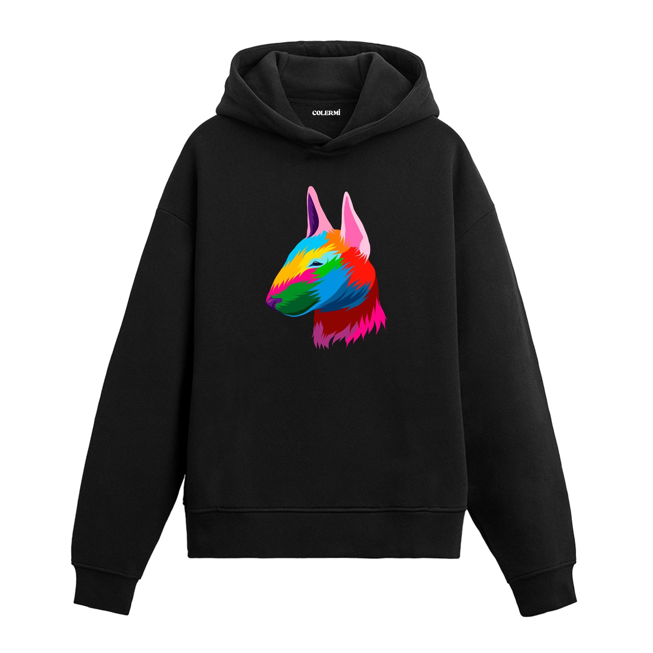 Renkli Bull Terrier köpek baskılı siyah hoodie