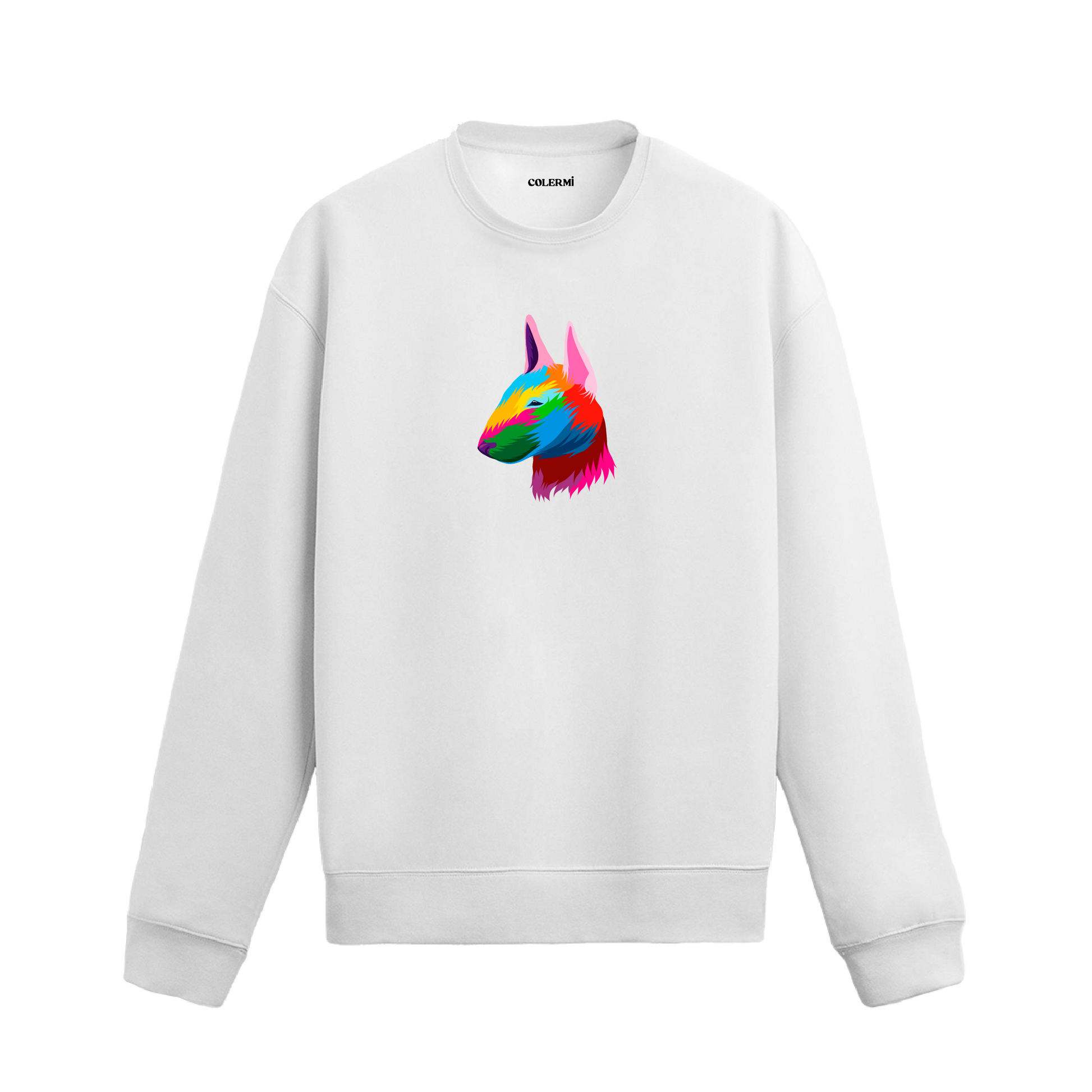 beyaz sweatshirt üzerinde renkli Bull Terrier köpek baskısı