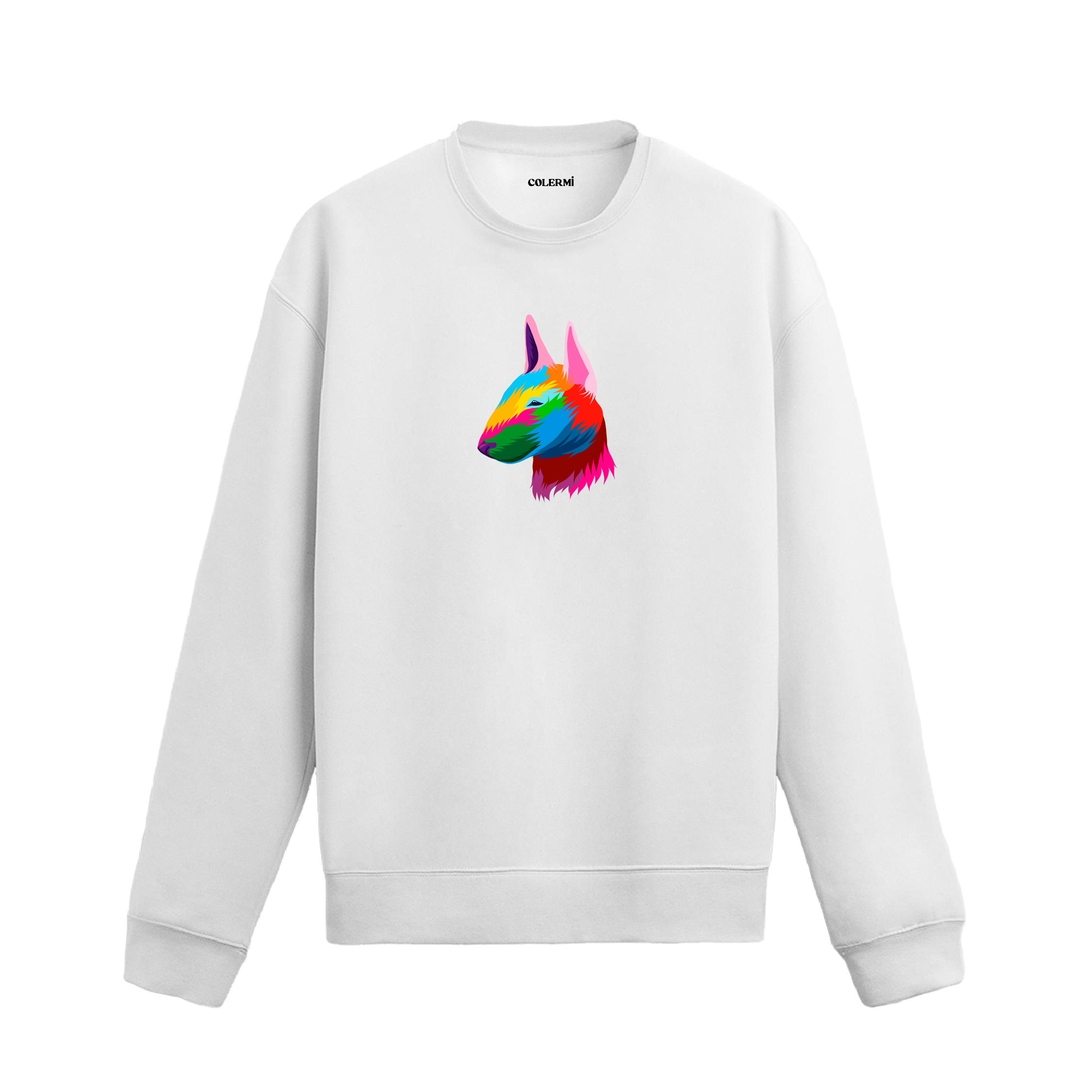 beyaz sweatshirt üzerinde renkli Bull Terrier köpek baskısı