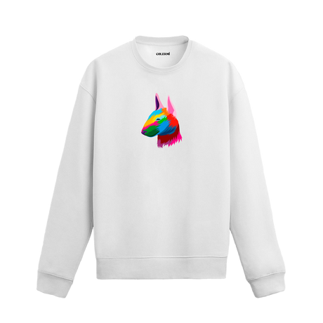 beyaz sweatshirt üzerinde renkli Bull Terrier köpek baskısı