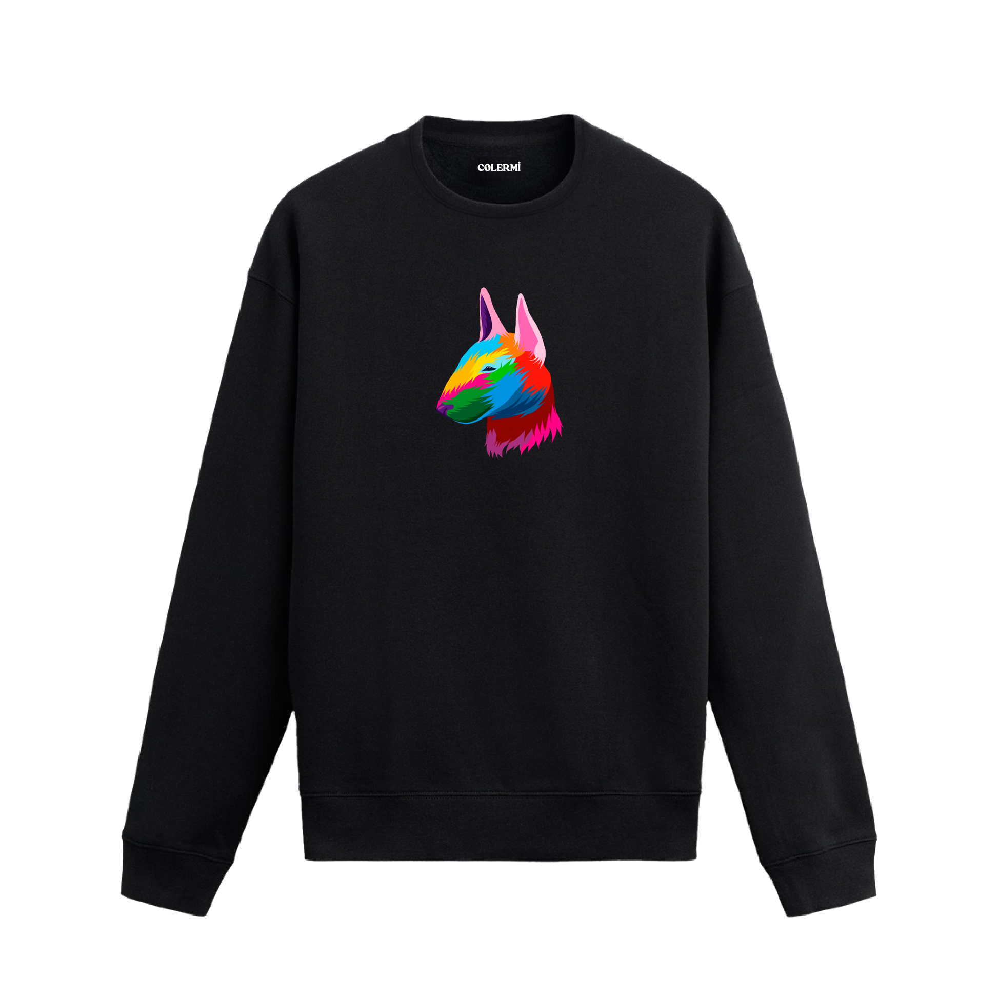 Siyah sweatshirt üzerinde renkli Bull Terrier köpek baskısı