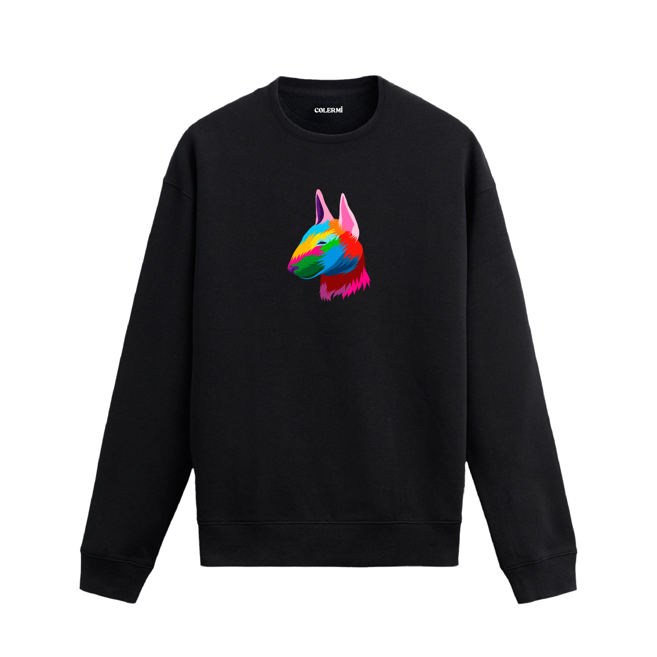 Siyah sweatshirt üzerinde renkli Bull Terrier köpek baskısı