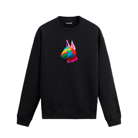 Siyah sweatshirt üzerinde renkli Bull Terrier köpek baskısı