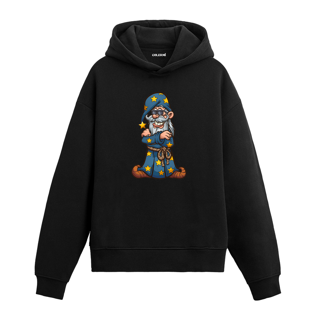 Büyücü baskılı siyah hoodie – yıldız desenli sihirbaz tasarımı