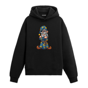 Büyücü baskılı siyah hoodie – yıldız desenli sihirbaz tasarımı