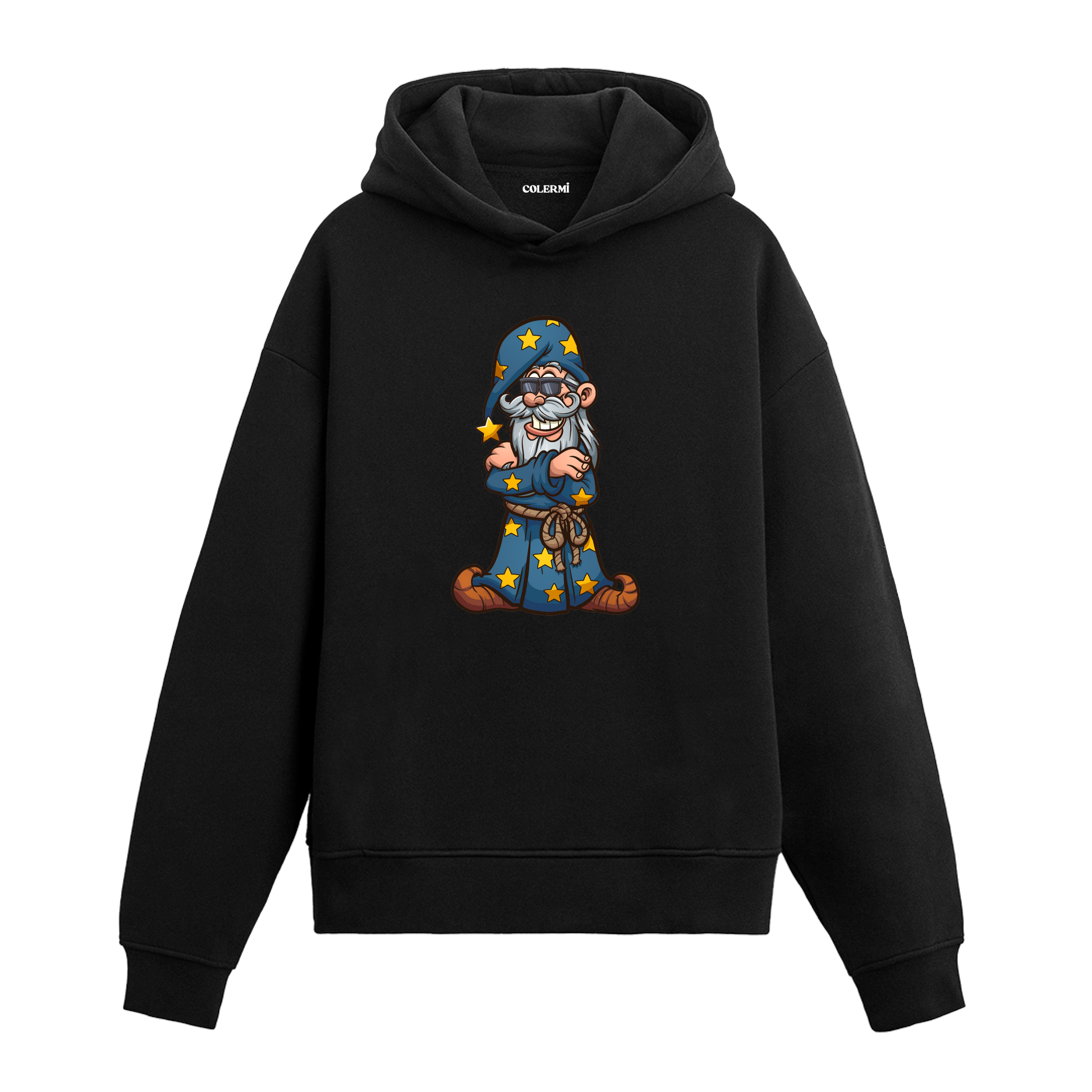 Büyücü baskılı siyah hoodie – yıldız desenli sihirbaz tasarımı