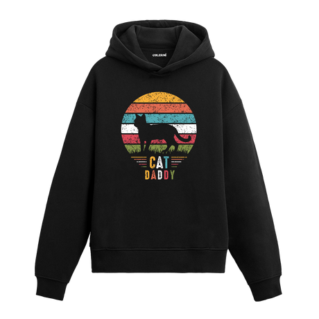 Retro çizgili daire içinde kedi ve “CAT DADDY” yazılı siyah hoodie