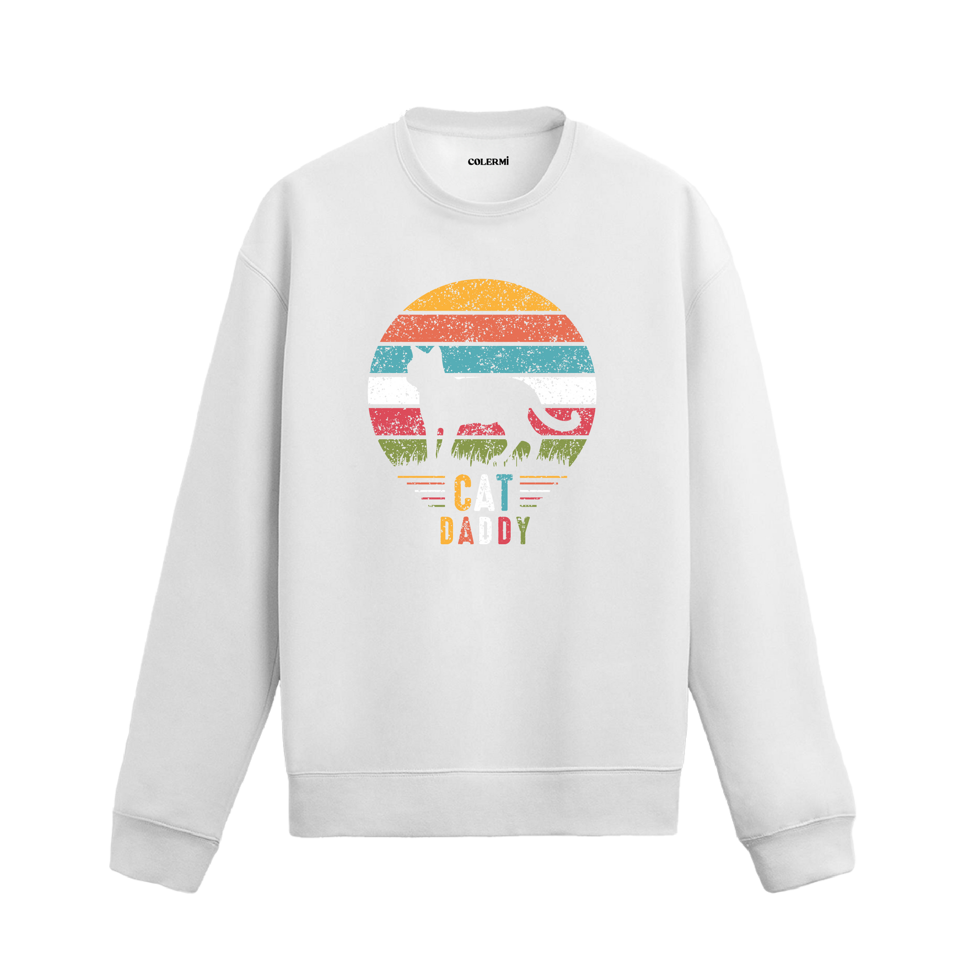 Siyah sweatshirt üzerinde retro güneş fonunda Cat Daddy yazılı kedi baskısı