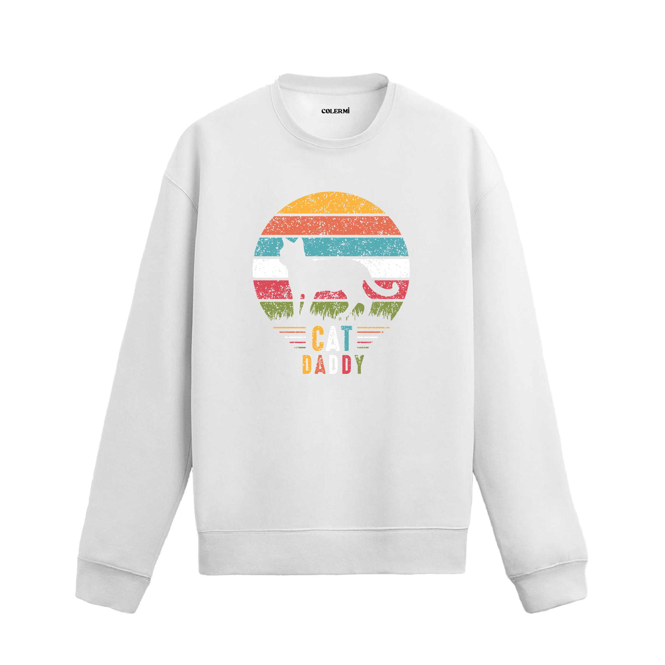 Siyah sweatshirt üzerinde retro güneş fonunda Cat Daddy yazılı kedi baskısı