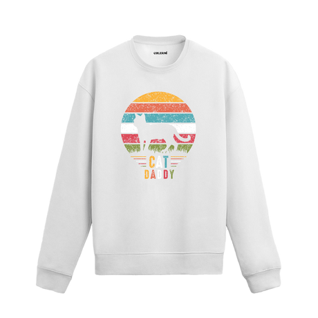 Siyah sweatshirt üzerinde retro güneş fonunda Cat Daddy yazılı kedi baskısı