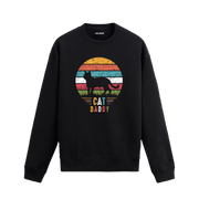 Siyah sweatshirt üzerinde retro güneş fonunda Cat Daddy yazılı kedi baskısı