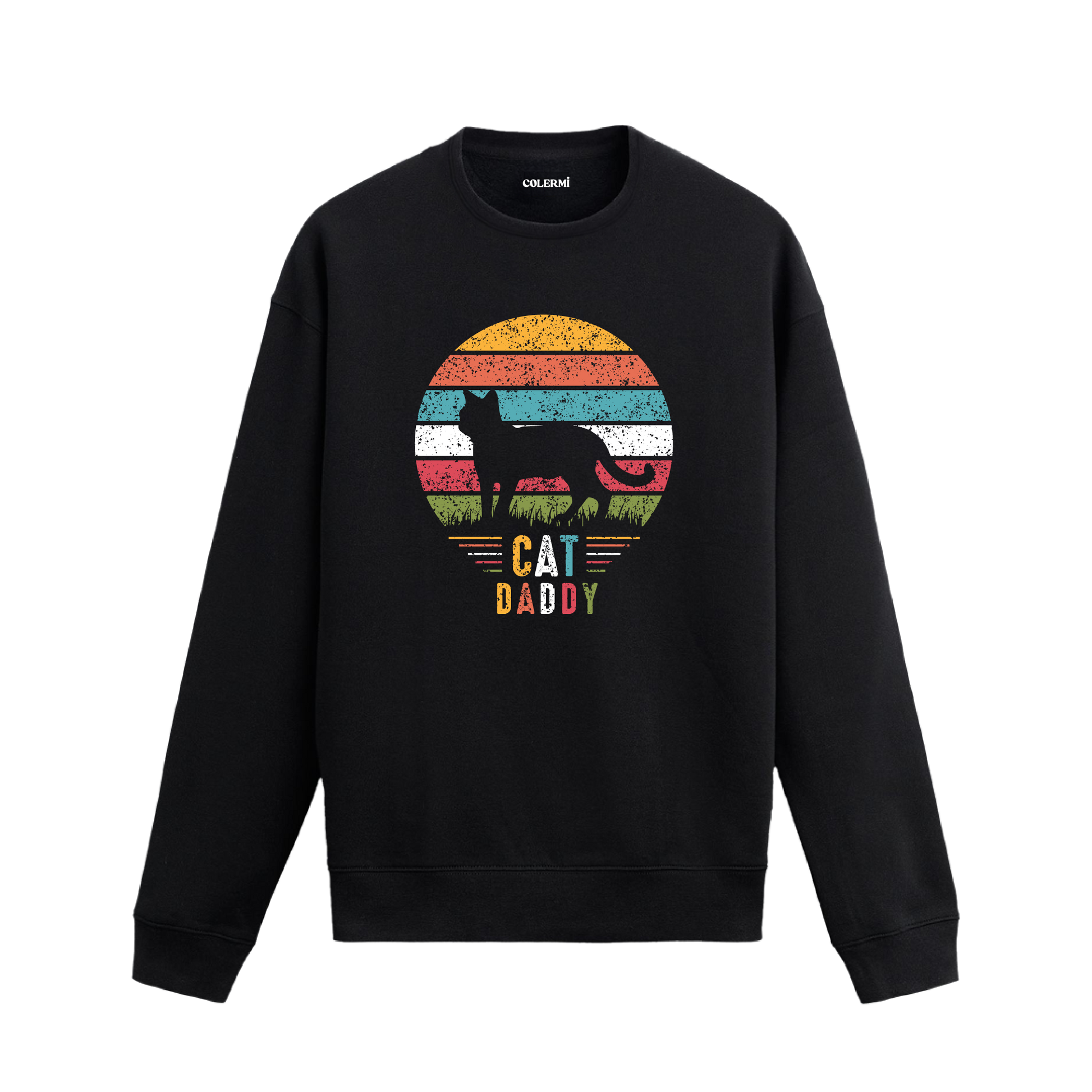 Siyah sweatshirt üzerinde retro güneş fonunda Cat Daddy yazılı kedi baskısı