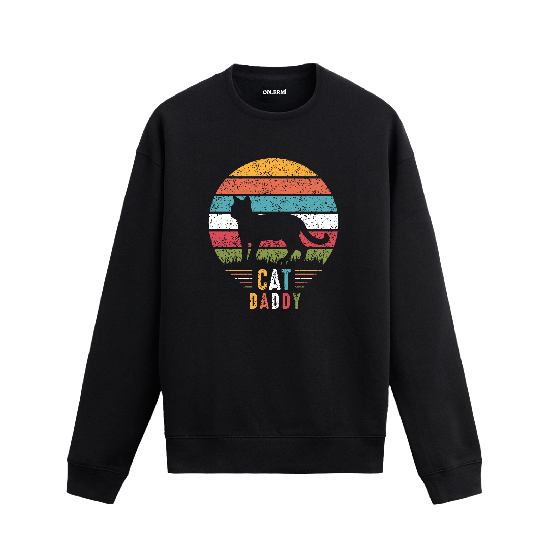 Siyah sweatshirt üzerinde retro güneş fonunda Cat Daddy yazılı kedi baskısı