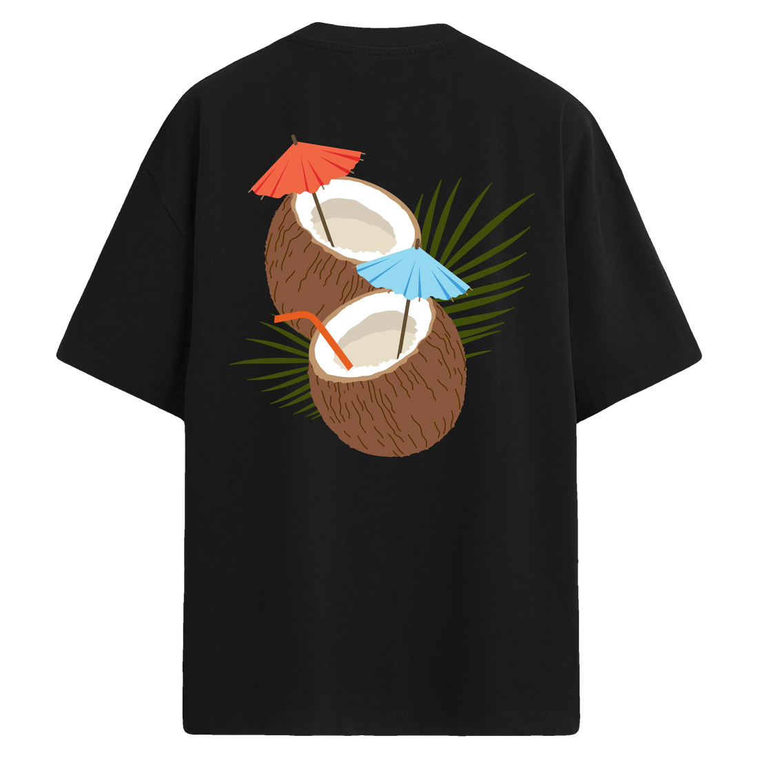 Çift hindistan cevizi içecek ve renkli şemsiye detaylı sırt baskılı oversize tişört