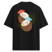 Çift hindistan cevizi içecek ve renkli şemsiye detaylı sırt baskılı oversize tişört