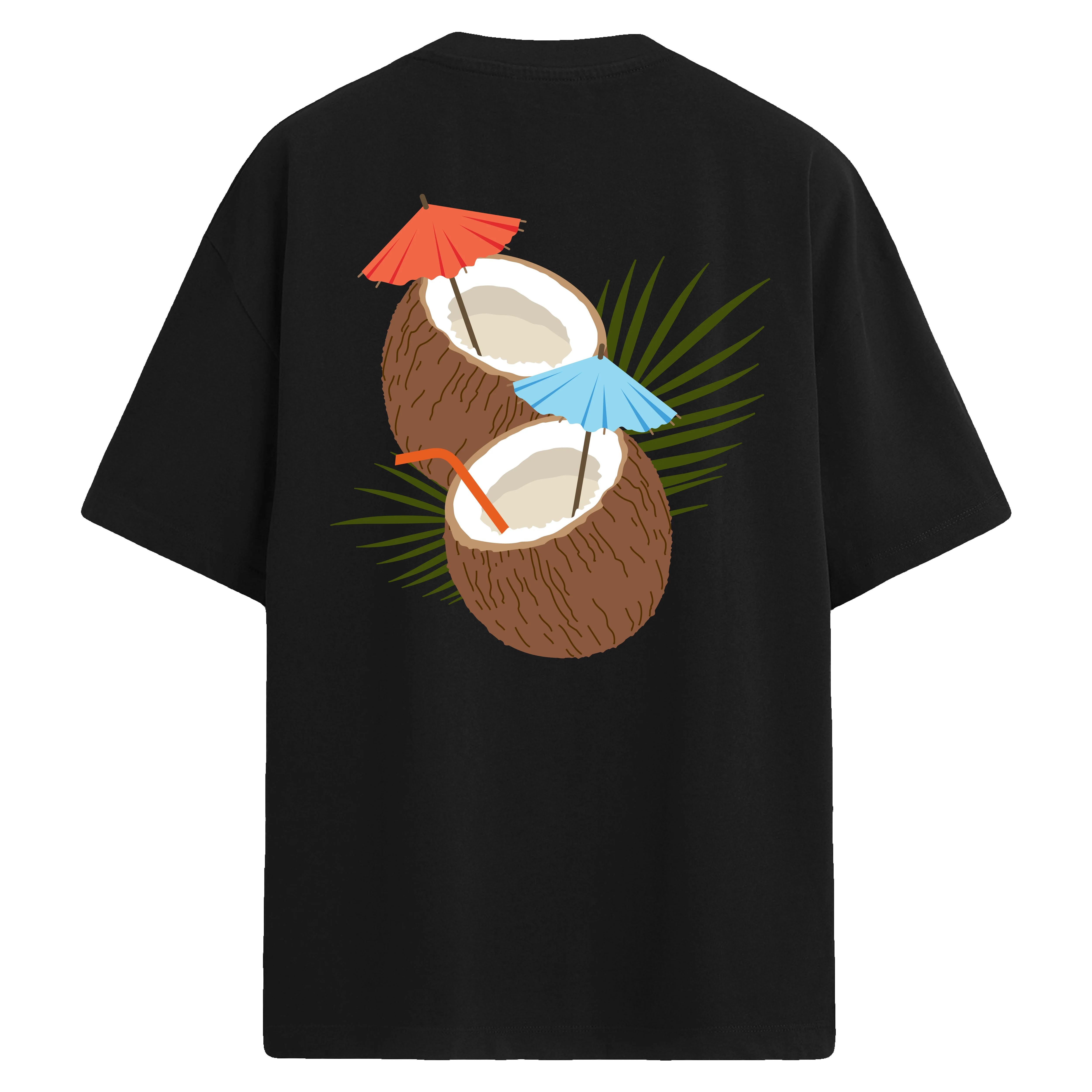 Çift hindistan cevizi içecek ve renkli şemsiye detaylı sırt baskılı oversize tişört